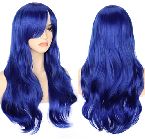 YEESHEDO Blau Cosplay Perücke für Frauen Langes Gewelltes Haar Synthetische Perücken mit Pony für Halloween Party Kostüm Anime 28 Zoll 70 cm