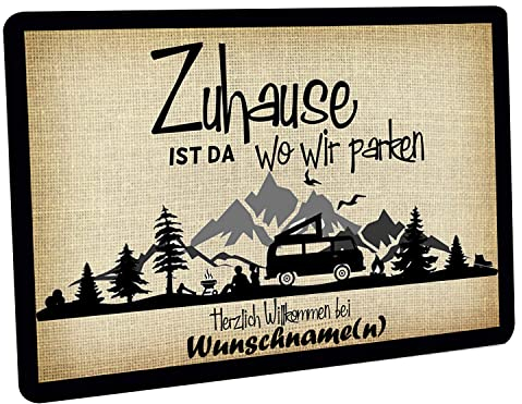 Personalisierbare Fußmatte - Zuhause ist da wo wir parken – mit Wunschtext, Name oder Motiv – rutschfest & dekorativ - 60x40 cm - Individueller Türvorleger für Innen & Außen – Geschenkidee Camper