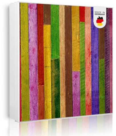 banjado Großer Schlüsselkasten Metall - Schlüsselbox 30x30cm beschreibbarer mit 32 Haken - Schlüsselkasten modern für Schlüsselaufbewahrung - Korpus Weiß Scharnier Rechts - Motiv Holz Collage Bunt