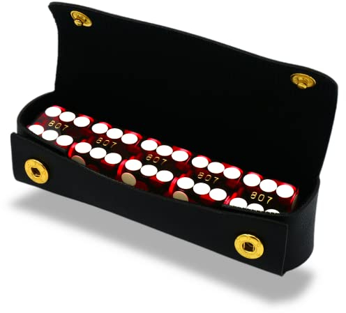 Luck Lab Casino-Würfel der Güteklasse AAA, 19 mm, mit Rasierkanten und passenden Seriennummern, Set mit 5 Stück und Lederwürfeletui, Rot