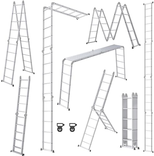 XMTECH 584cm Leiter Mehrzweckleiter Klappleiter Gelenkleiter mit Plattform Aluleiter Multifunktionsleiter Kombileiter 6 in 1 Anlegeleiter Stehleiter aus Aluminium - 4x5 Stufen, Silber
