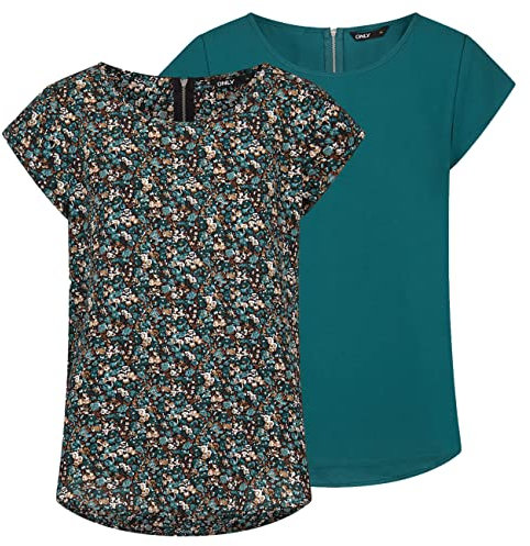 ONLY OnLVIC Lot de 2 t-shirts basiques pour femme Col rond Coupe droite Chemisier à manches courtes Fermeture éclair Motif été Noir Vert Rose Bleu 34 36 38 40 42 44, Deep Teal (15284243), 40