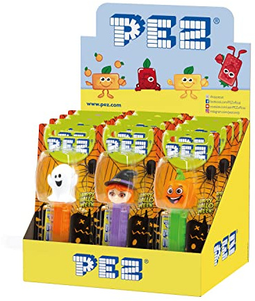 PEZ- Boîte présentoir de 12 blisters Halloween (1 distributeur + 1 recharge de bonbons aux fruits)