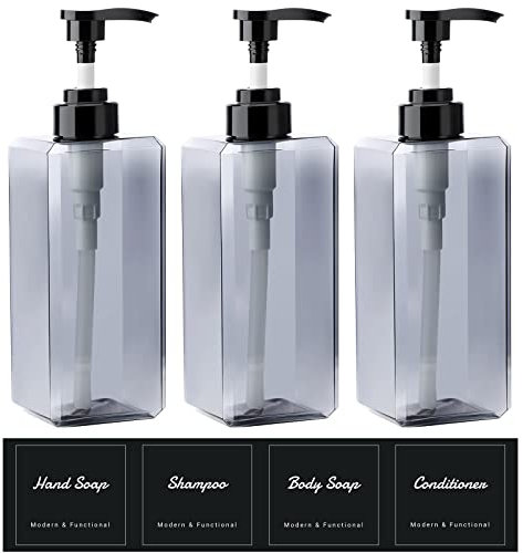 Suream 22oz Empty Plastic Bottles for Shampoo with Lables, 3Packs Bathroom Shower Containers, Refillable & Reusable Lotion Dispenser, Pump Press Bottles for Kitchen, Office, Hotel, Travel, SPA