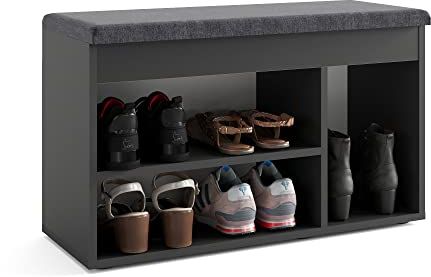 KOMTO Schuhbank mit Sitzfläche - Schuhregal Bank mit Stauraum Schwarz 80 x 48 x 32 cm Schuhschrank mit Sitzbank Flur Bank Garderobenbank Sofia