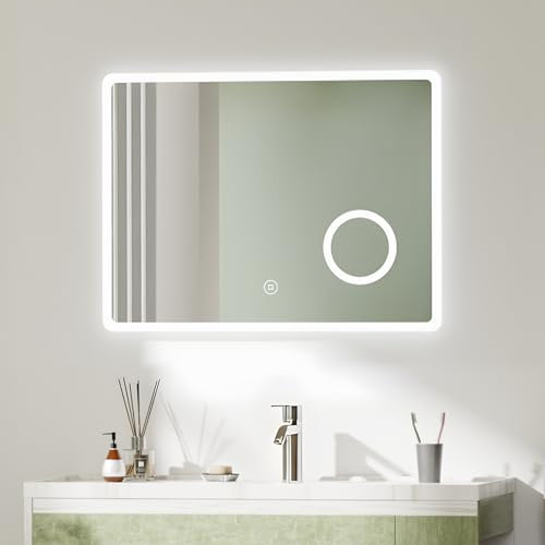 S'AFIELINA Bathroom Mirror with LED Lights 80 x 60 cm, Illuminated Backlit Wall Mounted Bathroom Mirrors with Shaver Socket and Demister Pad, 3X Magnifier, Horizontal