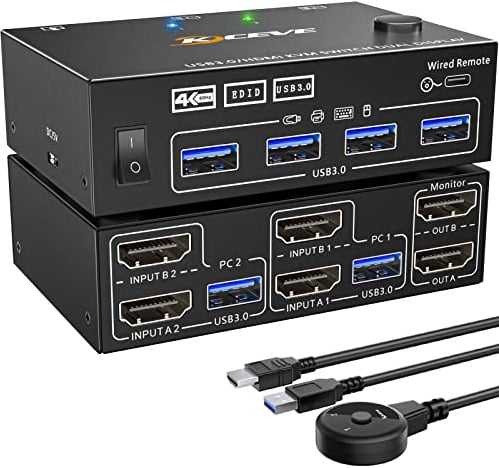 KVM Switch 2 Computer 2 Monitore, KCEVE HDMI USB 3.0 Umschalter Dual Monitore Mit EDID-Funktion, Unterstützt 4K@60Hz Aktie Monitor Maus Tastatur für Laptop, PC, PS5, Xbox