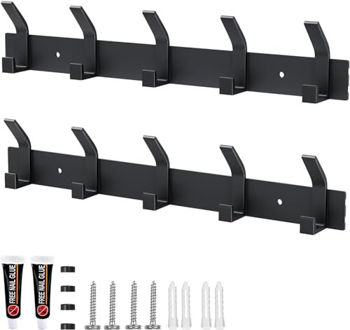 DGHOME 2 Packs Coat Hooks Wall Mounted, Coat Hangers Wall Mounted with 5 Hooks, Coat Hooks for Wall Self-Adhesive, Black Wall Coat Racks for Living Room, Kitchen, Bathroom