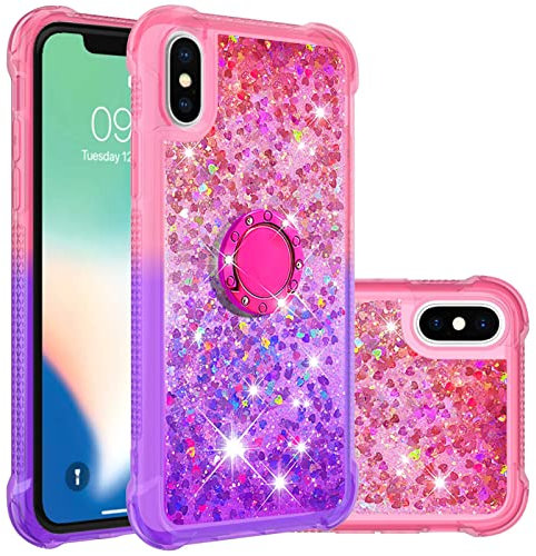 Reevermap iPhone XS Phone Case with Ring Holder iPhone X Case Kickstand, Clear Glitter Liquid Floating Silicone Case Sparkle 360 Degree Rotating Ring Grip Case Cover for Girls Women, Pink & Purple
