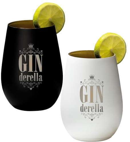 4youDesign 2-er Set Gin Tonic Glas mit Spruch GINderella – Geschenk für Männer, Frauen zum Muttertag oder Vatertag – Tumbler-Party-Glas aus Kristallglas – Schwarz & Weiß – 465ml