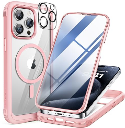Miracase Magnetic Case for iPhone 15 Pro Max Case 6.7-Inch, Full Body Bumper Case Compatible with MagSafe and Built-in 9H Tempered Glass Screen Protector + Camera Lens Protector (Pink)