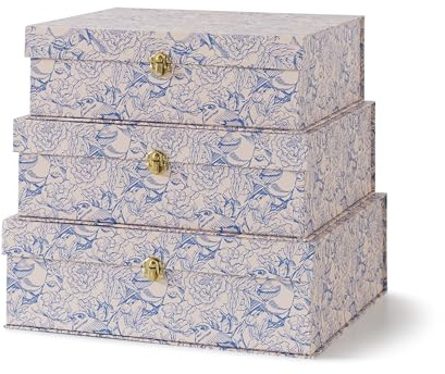 Soul & Lane - Blaue Aufbewahrungsboxen mit Blumenmuster und goldfarbenen Beschlägen, 3er-Set