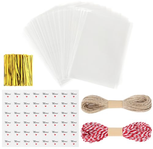 Gudotra 200 Pièces Sachets Plastique Transparent pour Bonbons Biscuits Chocolats Cadeau Bijoux Pochette Sac avec Fichelles Autocollant Merci (10 x 15 cm)