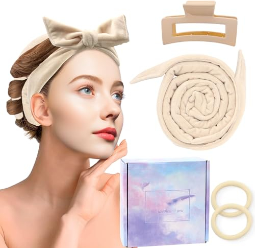 Lockenband ohne Hitze Set,Heatless Curls mit 1 Haarklammer & 2 Haargummis, Lotta Curls,Schnelle Locken Tagsüber, Schonend & Bequem, Ideal für Alltag, Reisen & Geschenkidee (Cremefarben)