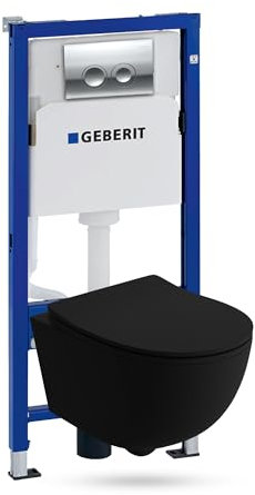 Lavita Duofix Basic Vorwandelement + Wand Tiefspül WC Brava Schwarz Spülrandlos + WC Sitz mit Absenkautomatik + Bedienplatte Delta 25 Verchromt Knopf Komplettset Unterputz Spülkasten Toilette WC