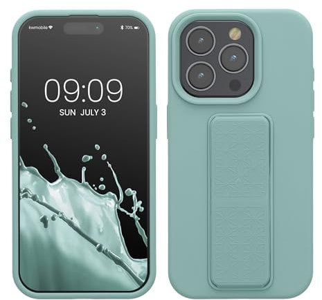 kwmobile Case Compatible with iPhone 15 Pro - Case with Hand Strap and Stand Soft TPU Silicone Coating - Mint