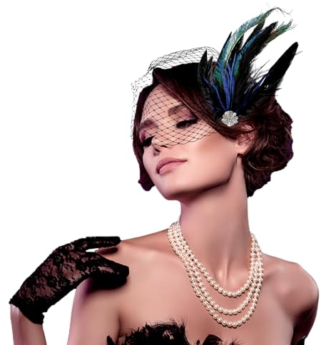 Telooco Vintage Fascinator Hut für Damen Hochzeit Feder Schleier Feder Mesh Stirnband Braut Kopfschmuck Feder Mesh Schleier Braut Haarreif für Fasching Karneval Tea Party Haarschmuck