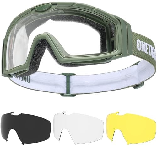 OneTigris Occhiali da caccia tattici con 3 lenti intercambiabili, occhiali da caccia con CE EN166 e ANSI Z87.1, occhiali da softair per paintball, caccia, CS, ciclismo, outdoor, OD verde