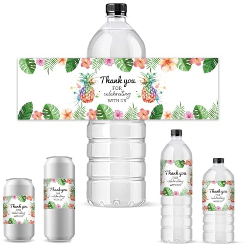 PH PandaHall 30pcs Etiquetas de botellas de agua, Pegatinas de botella de celebración Plantas Tropicales, etiquetas de piña Etiquetas impermeables de botellas de agua para cumpleaños