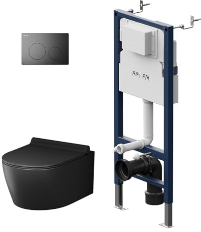 AM.PM - Hänge WC Komplettset, Vorwandelement WC Set Komplett Vormontiert (Prime Fit) + Spülrandlos Wand-WC Schwarz (X-Joy S) + Drückerplatte + WC-Sitz mit Absenkautomatik, Toilette Komplett Set