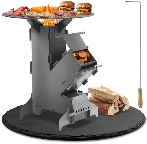 Eulenke Poêle à fusée avec plaque de cuisson et crochet de feu, système d'emboîtement Rocket Stove en acier de 3 mm d'épaisseur, poêle à fusée, poêle à bois, réchaud de camping, poêle à canon pour