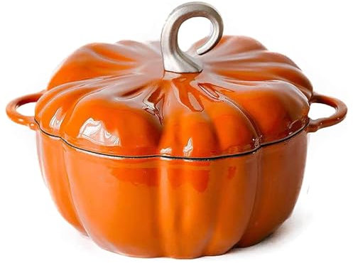 PLOTSAGE Enameled Cast Iron Dutch Oven with Lid Pumpkin Cocotte, Pumpkin Cast Iron Dutch Oven, 3.7L Pumpkin Shape Enamel Pot, Halloween Thanksgiving Decor Pot,Orange