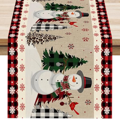 Christmas Table Runner,Christmas Decorations,33×200 CM Long Christmas Table Runners,Christmas Table Runner with Snowflakes Christmas Tree Snowman Pattern for Dining Party Decor for 14+ years old (1)