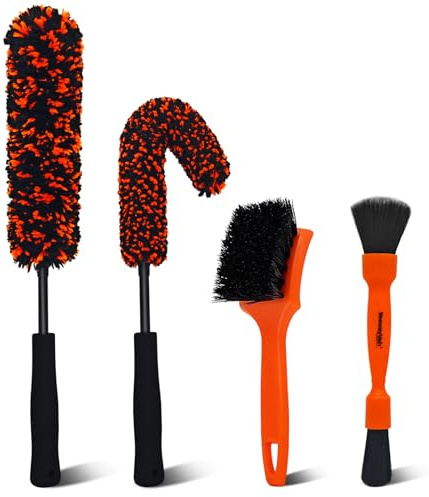 YeewayVeh 4PCS Car Wheel Cleaning Kit, Bendable Wool Brush, Orange&Black | 2-Size Microfiber Rim Cleaner, Tire Brush, Double-Ended Detailing, Non-Metallic & Scratch-Free for All Wheel Types