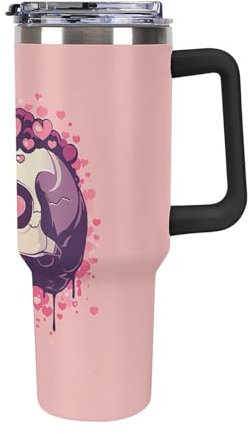 KWQDOZF Gobelet en acier inoxydable imprimé sur le thème d'Halloween de 40 oz avec poignée, grande tasse à café isotherme pour voiture avec couvercle, livré avec paille et brosse.