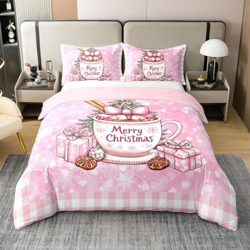 Parure de lit 100 % coton avec housse de couette 100 % coton, motif sapin de Noël au chocolat chaud (sans rembourrage), motif princesse, nœud rose, cœurs, patchwork, super douce, lit double