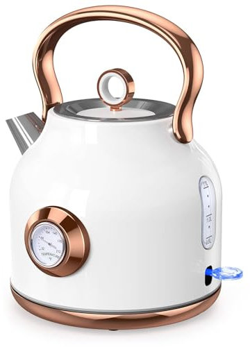 Retro Electric Kettle, 1.7L Stainless Steel Tea Kettle with Large Temperature Gauge, 1500W Fast Heating Hot Water Boiler with LED Indicator, Auto Shut-off & Boil-Dry Protection-Retro (White)