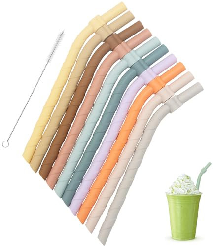 VirtuGro 10Pcs Silicone Straws Reusable Kids Drinking Straws Colourful Bendy Straws Thick Smoothies Cocktail Milk Milkshakes Strawswith Cleaning Brush for Juice Coffee Cold Hot Drinks, 20cm