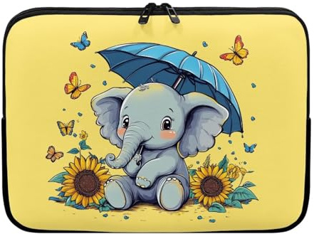 Showudesigns Housse pour ordinateur portable avec motif éléphant et tournesol en néoprène pour femmes - Taille 17 pouces - Étui léger pour ordinateur portable - Protège-ordinateur mignon - Jaune