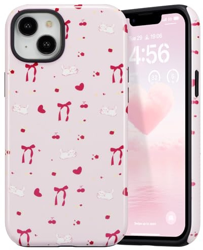 DEFBSC for iPhone 15 Case Cute Hybrid, Cat/Glossy | Pink Bow Heart Ribbon Print,Aesthetic Trendy Pattern for Women Girls,Slim Durable Bumper Shockproof Hard Back Phone Cover