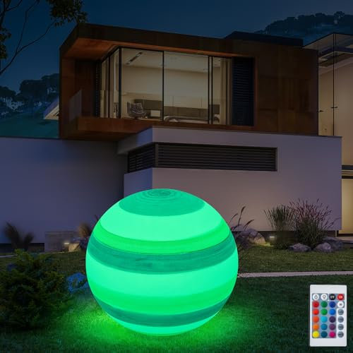 Eurohandisplay LED Gartenleuchte Außenlampe Kugellampe mit Stromkabel 3 M Leuchtkugel 60cm Farbwechsel Fernbedienung RGB Dimmbar Fassung E27 inkl Leuchtmittel IP55 (Uranus-50)