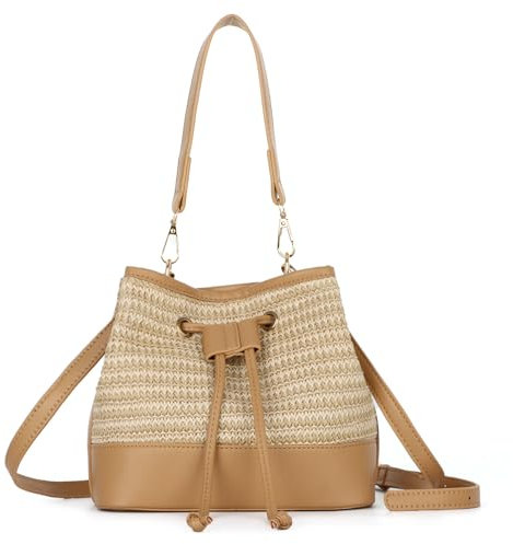 Freiesoldaten Sac à Main en Paille Sac à Main d'été avec Cordon de Serrage pour la Plage Sac à Bandoulière pour les Femmes