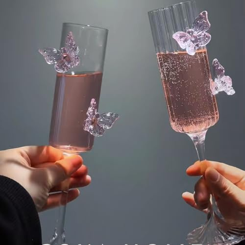 2Pcs Pink Butterfly Wine Glasses, 3D Butterfly Champagne Cups Drinking Glasses Fashioned Wine Cocktails Glassware Romantic Champagne Glasses for Weddings Engagements Party Gifts (Smooth Style)