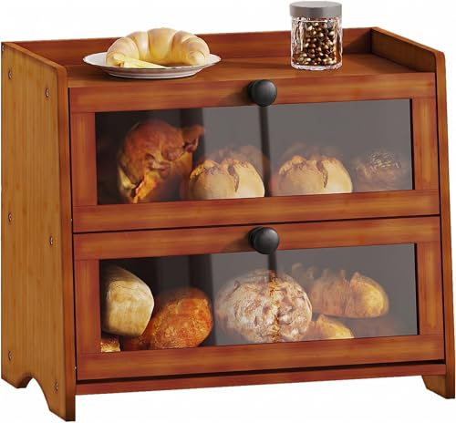 BAMBANG Bread Bin for Kitchen Countertop, Extra Large Bamboo Bread Box Storage Container for Homemade Bread, Double Layer Sourdough Breadox, Bread Bin Organizer for Counter Cabinet Pantry, Brown