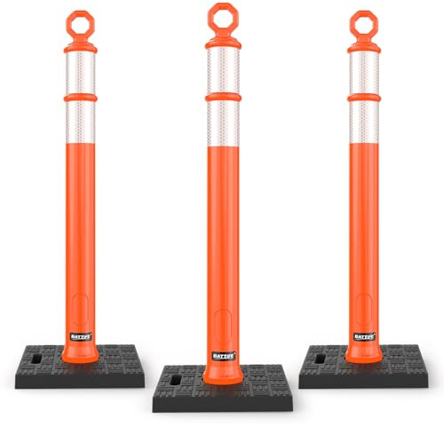 BATTIFE 3 Pack 42 Inch Orange Traffic Delineator Posts with Reflective Collars and Base, Safety Cones for Construction Zones and Driving Practice
