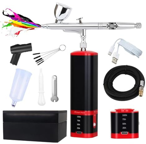 Giwnhvx Dual Action Extra Battery Airbrush Kit with Compressor Replaceable Battery Cordless Air Brush Set for Manicure, Painting