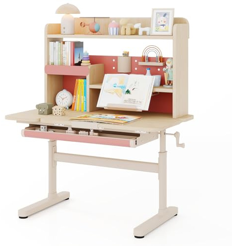 LIFEZEAL Schreibtisch Kinder, Kinderschreibtisch mit neigbarer Tischplatte, Studienschreibtisch mit Notenständer, Regal & Leseständer, Kindertisch für Mädchen & Jungen 3-12 Jahre (Rosa)