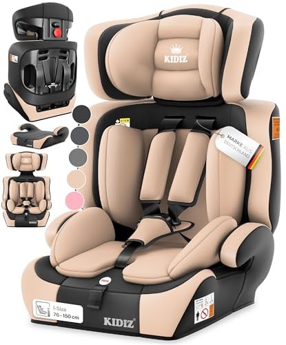 KIDIZ® Autokindersitz i-Size R129 100-150cm bis 12 Jahre, Kinderautositz Gruppe 1/2/3 ohne Isofix, mitwachsender Kindersitz, 5-Punkt-Gurt & höhenverstellbare Kopfstütze, Sitzerhöhung Auto, Beige