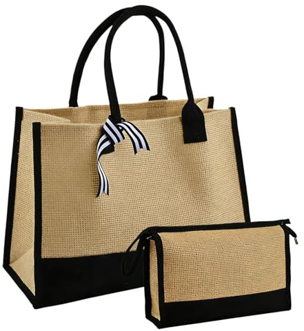 volumoon Jute Beutel, Jute Tote Bag, Leinen personalisierte Canvastasche Einkaufstasche Groß Strandbeutel Stylische Geräumige Tragetasche Wiederverwendbar Jutetasche für Frauen Geburtstag Urlaub (B1)