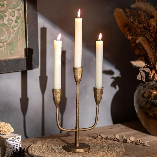Inweder Cast Iron Gold Candelabra: 26.3cm Vintage Candlestick Holders | Fits 2cm Taper, Antique Gold Finish, 3 Arms Design, for Tables Centrepieces, Fireplace, Living Room Decor