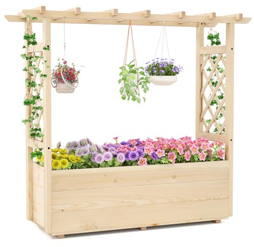 COSTWAY Hochbeet mit Rankgitter & hängendem Dach, Pflanzkasten mit Rankhilfe & Abflusslöchern, Blumenkasten für Kletterpflanzen, für Garten Hof Terrasse, Pflanzgefäß Holz, Natur, 115 x 40 x 103 cm