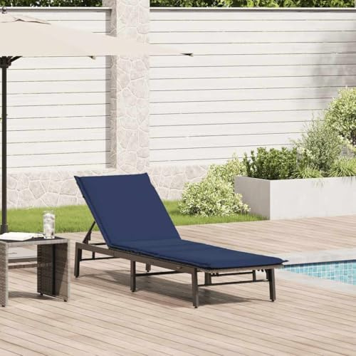 Owoxanthellate Sonnenliege klappbar 200x59 cm Grau Poly Rattan mit marineblauem Kissen Rücken 3-Fach verstellbar wetterfest für Garten Balkon Strand Saunaliege Relaxliege Lounge