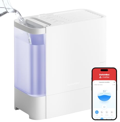 SwitchBot Verdunstungsluftbefeuchter, 750 ml/h, 4,5-L-Tank, ohne Nebel/weißen Staub, Top-Fill, waschbarer Filter, leiser Baby-Luftbefeuchter, kompatibel mit Alexa, Google Home, HomeKit und Matter