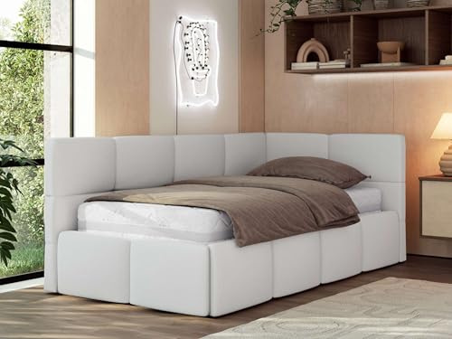 Jugendbett ARVO 90x200 cm mit Lattenrost und Bettkasten, Polsterbett mit gepolstertem Kopfteil und Gasdruckfedern, Eckbett mit Stauraum - mit Multipocket-Matratze - Weiß Kunstleder - Rechts Seite