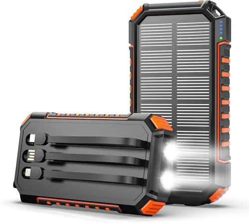 A ADDTOP Solar Power Bank 20000mAh 15W Portable Charger 3 Built-in Cables | 5 Outputs & Dual Flashlights, Charging Protection, Cell Phone Charger for iPhone and Android, Charge 5 Devices at Once