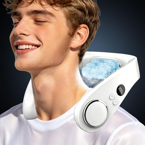 Kouric Neck Fan with Cooling Plate,5 Speed,Quiet 35dB,LED Display,24H Cooling,USB 5500mAh Battery,Small Portable Air Conditioner Hanging Around Neck,Wearable Cooling Fans for Women,Men,Children,White